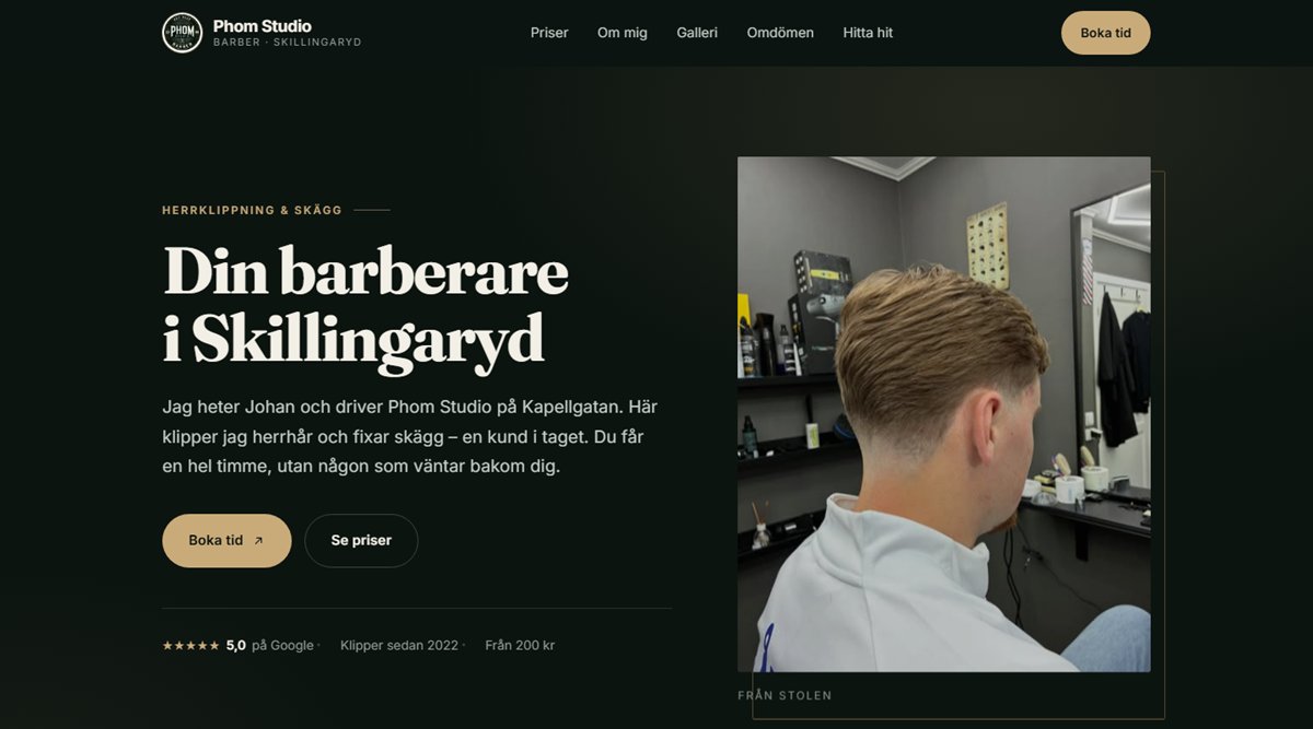 Startsidan för Phom Studios hemsida, byggd av Momentum Group